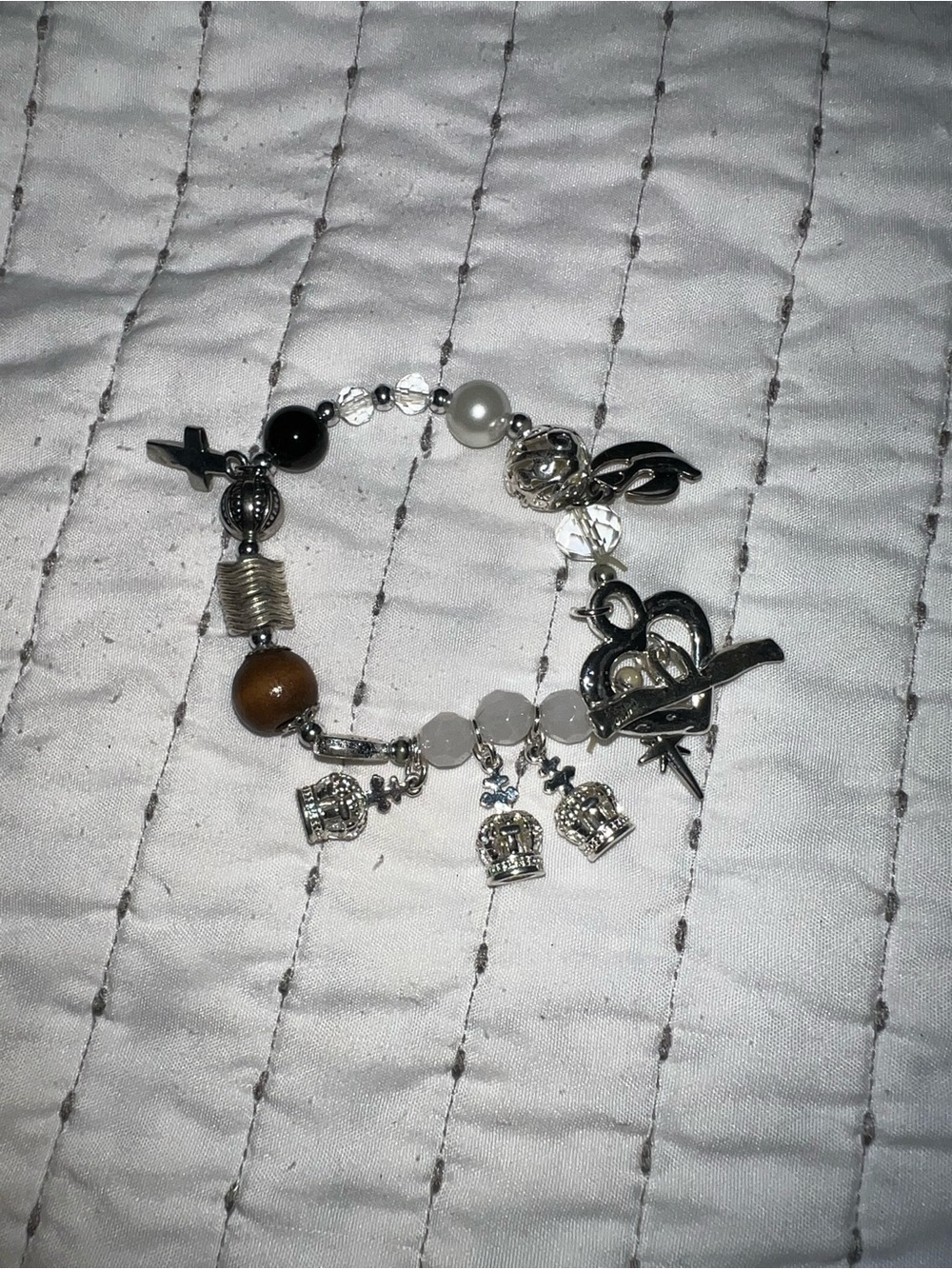 Silver-Tone Mixed Bead Charm Bracelet with Brown Accent